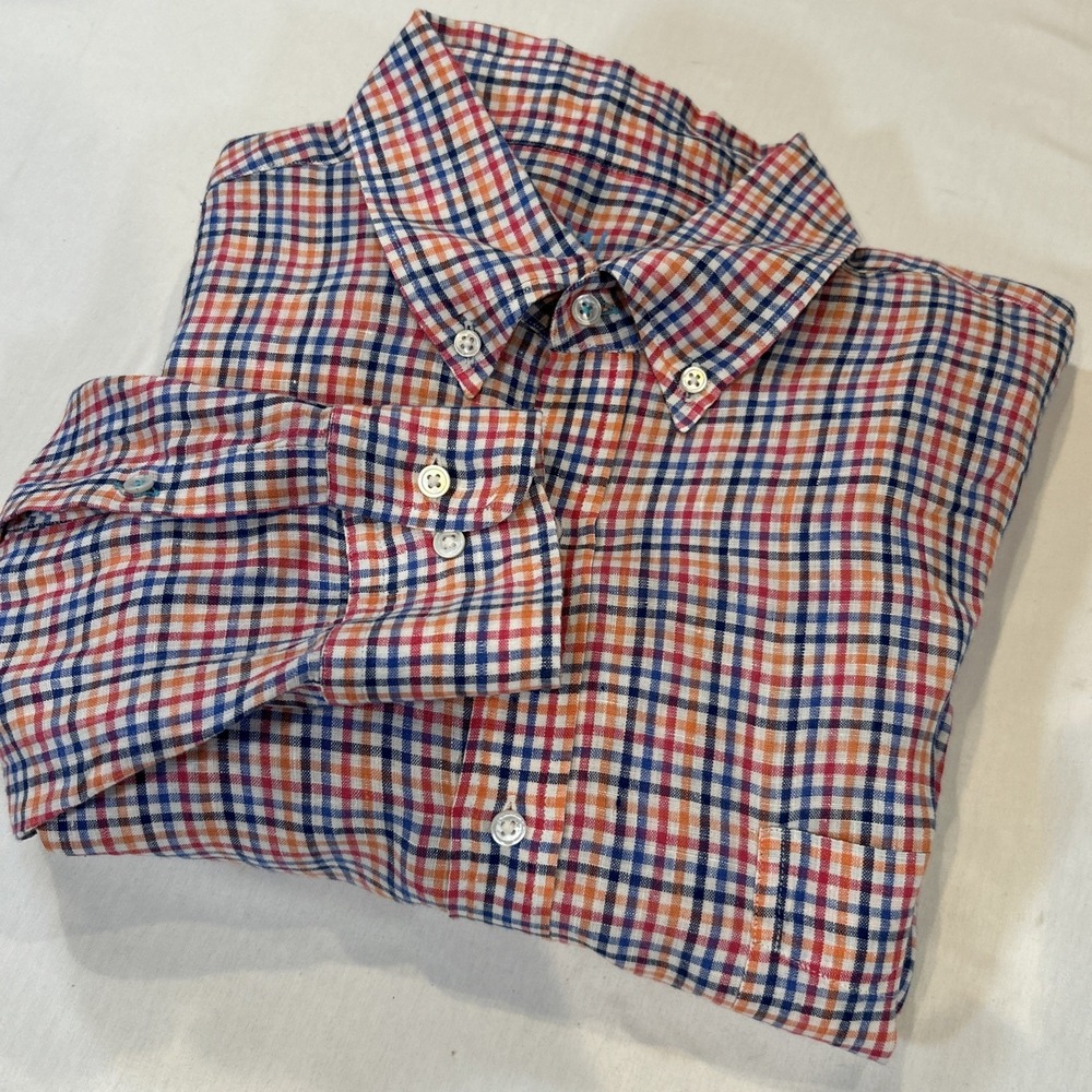 J. McLaughlin Men's Large Linen Blend Button Down Shirt Multi Color Plaid Preppy - Picture 2 of 7